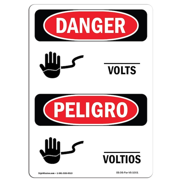 Safety Sign, OSHA Danger, 5" Height, Custom Volts Bilingual Spanish, 10PK